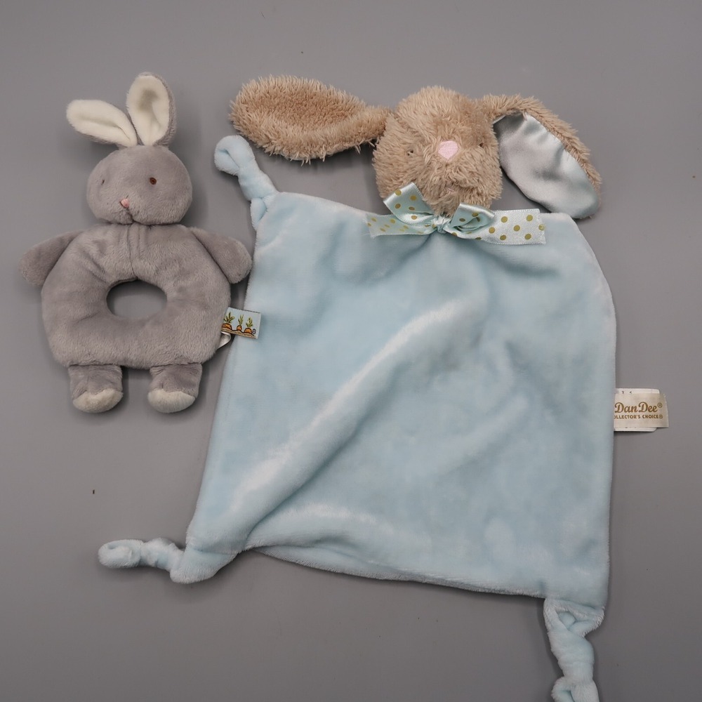 Dandee Blue Polka Dot Bunny Security Blanket Knotted Corners Rattle Lovey Lot